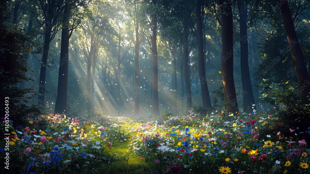 Sunbeams pierce through a dense forest canopy, illuminating a vibrant carpet of wildflowers, perfect for nature, spring, and renewal themes. Sunbeams pierce through a dense forest canopy, illuminating a vibrant carpet of wildflowers, perfect for nature, spring, and renewal themes.