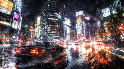 Rain-slicked city streets at night, car driving through traffic, vibrant lights reflecting on wet asphalt.