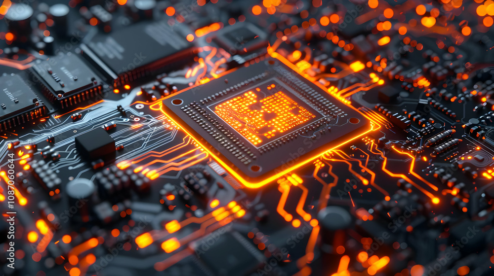 3D Render of Illuminated Microchip Circuitry: A Glowing Central Processing Unit (CPU) is Integrated into Complex Motherboard Design, Showcasing Advanced Technology. 3D Render of Illuminated Microchip Circuitry: A Glowing Central Processing Unit (CPU) is Integrated into Complex Motherboard Design, Showcasing Advanced Technology.