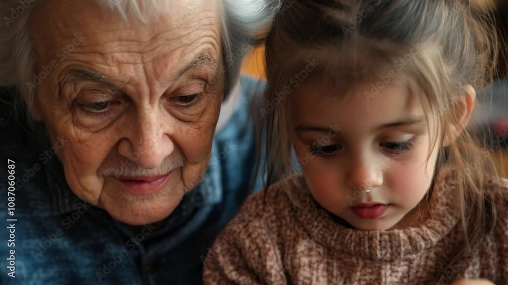 A grandma is teaching her young grandson how to use social media, both laughing together as they create a post in the family room. A grandma is teaching her young grandson how to use social media, both laughing together as they create a post in the family room.