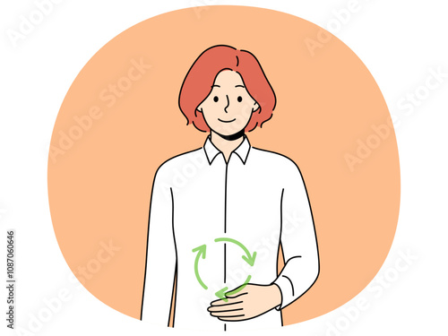 Woman with symbol of digestion near stomach, smiling and looking at screen, recommending to take care of gastrointestinal tract. Concept of caring for digestion and intestinal microbiota