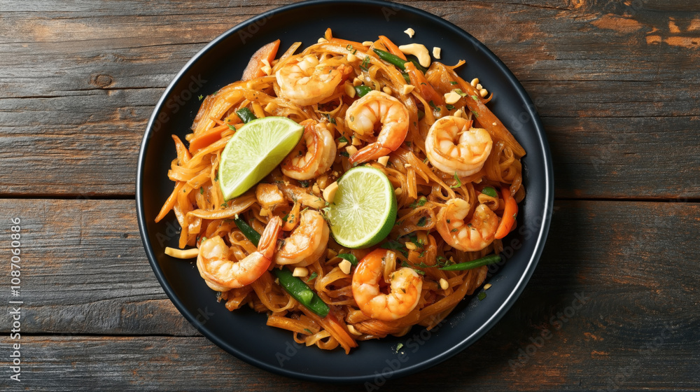 Plate of shrimp Pad Thai with rice noodles, lime wedges, vegetables, and peanuts on a wooden table Plate of shrimp Pad Thai with rice noodles, lime wedges, vegetables, and peanuts on a wooden table