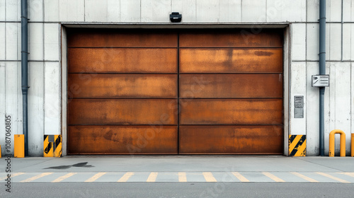 Large industrial rusty metal door on concrete wall with security camera and urban elements like protective barriers and pipes