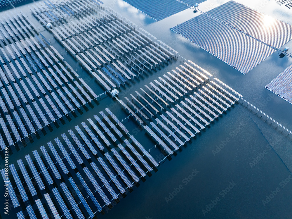 Obraz premium Aerial view of solar photovoltaic panels array
