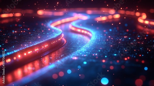 Dynamic technology network with glowing neon paths, vibrant red and cyan glow, immersive closeup shot, dark scifi background, ultramodern composition