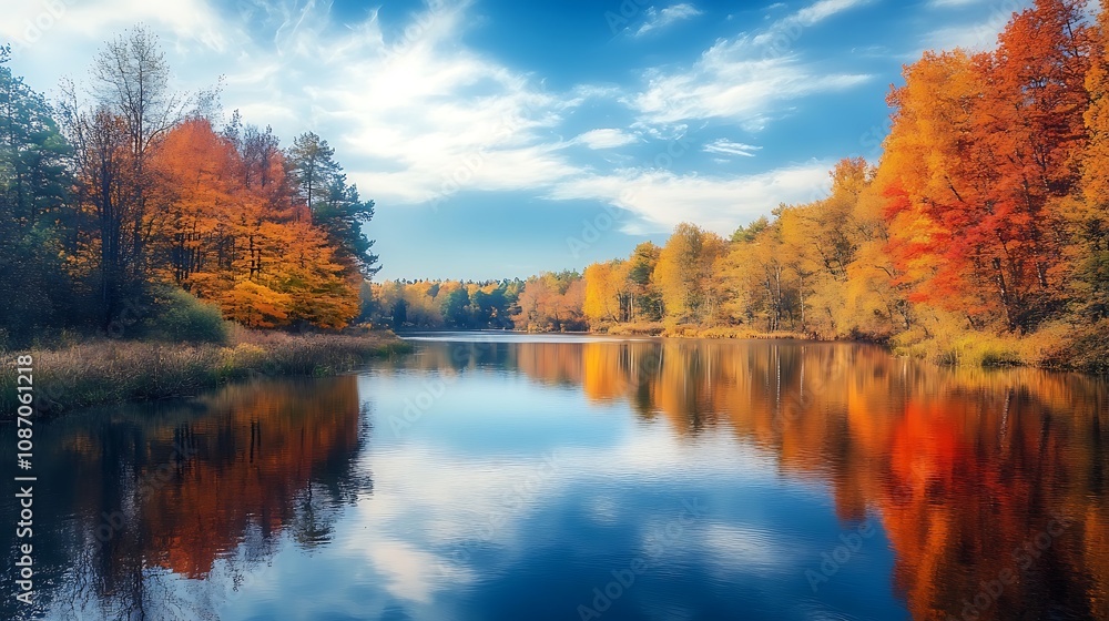 Autumn Landscape with Colorful Trees and Reflections on a Calm Lake