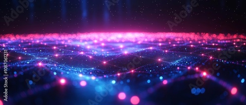 Futuristic 3D network of glowing nodes and connections, vibrant blue and neon white, immersive perspective, dark gradient background, hightech design, cinematic lighting