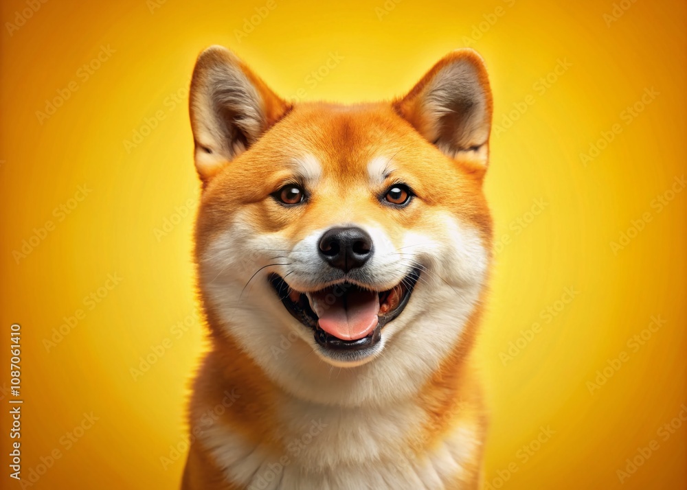 Illustration of a Happy Shiba Inu Dog with a Bright Yellow Background - Smiling Red-Haired Japanese Dog Portrait Captured in High Depth of Field