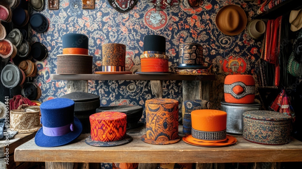 A Charming Display of Colorful Hats in a Vintage Shop with Intricate Patterns and Textures, Perfect for Fashion, Decor, and Accessories Enthusiasts A Charming Display of Colorful Hats in a Vintage Shop with Intricate Patterns and Textures, Perfect for Fashion, Decor, and Accessories Enthusiasts