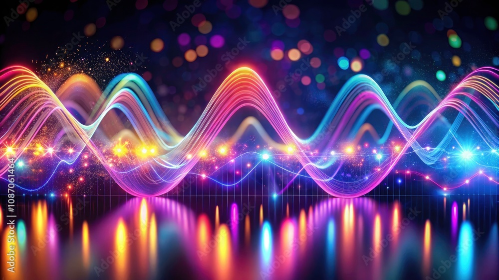 Neon Sound Waves: Long Exposure of Abstract Ultraviolet Spectrum with Synthwave Music Equalizer, Energy, and Rhythm in Dark Background Neon Sound Waves: Long Exposure of Abstract Ultraviolet Spectrum with Synthwave Music Equalizer, Energy, and Rhythm in Dark Background