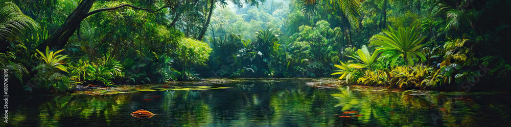 Frog's Paradise: A serene scene of a peaceful pond in the rainforest, surrounded by towering trees and vibrant foliage. Frog's Paradise: A serene scene of a peaceful pond in the rainforest, surrounded by towering trees and vibrant foliage.