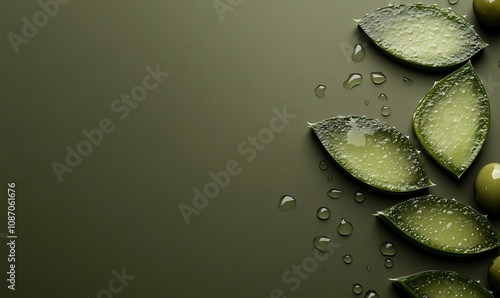 aloe vera slices and olive in a dark olive green background ,generative ai