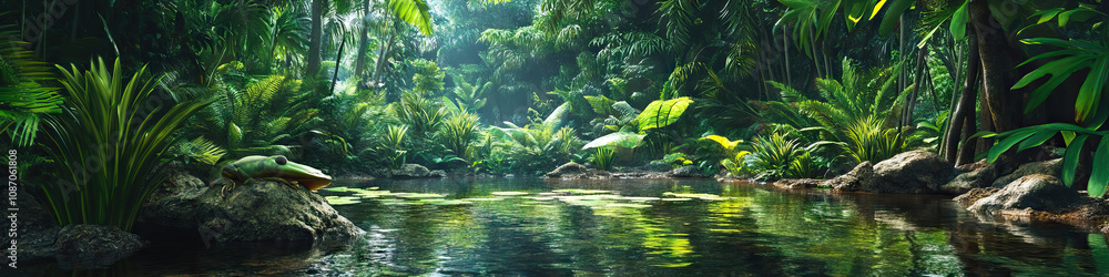 Frog's Paradise: A serene scene of a peaceful pond in the rainforest, surrounded by towering trees and vibrant foliage. Frog's Paradise: A serene scene of a peaceful pond in the rainforest, surrounded by towering trees and vibrant foliage.