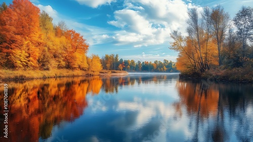 Autumn Landscape with Colorful Trees and Reflections on a Calm Lake