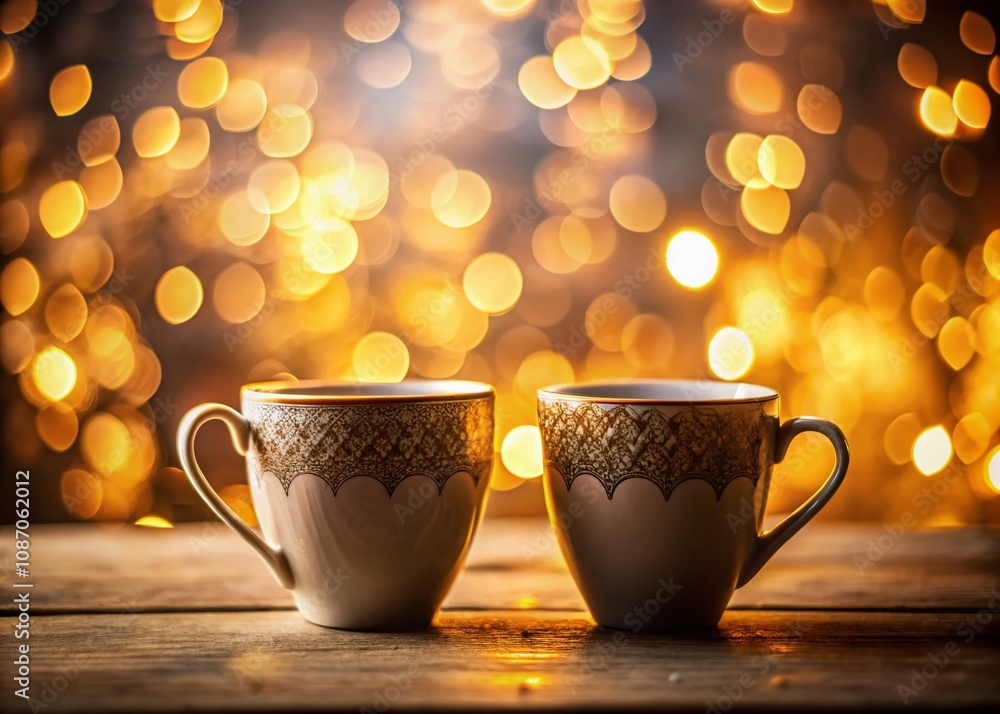 Two Elegant Mugs on a Soft Background with Dramatic Light and Shadows Creating a Captivating Bokeh Effect for a Cozy Atmosphere in a Stylish Setting Two Elegant Mugs on a Soft Background with Dramatic Light and Shadows Creating a Captivating Bokeh Effect for a Cozy Atmosphere in a Stylish Setting