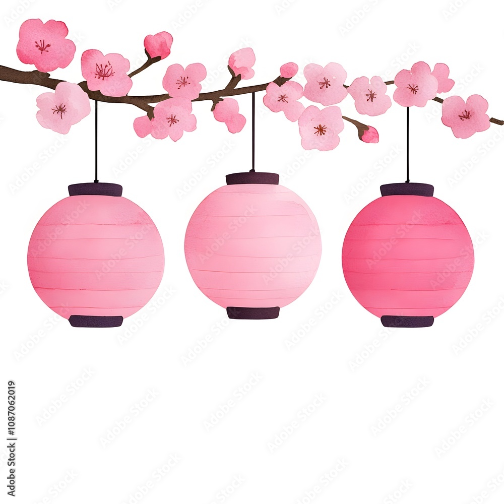 Fototapeta premium Pink Paper Lanterns Hanging from Cherry Blossom Branch