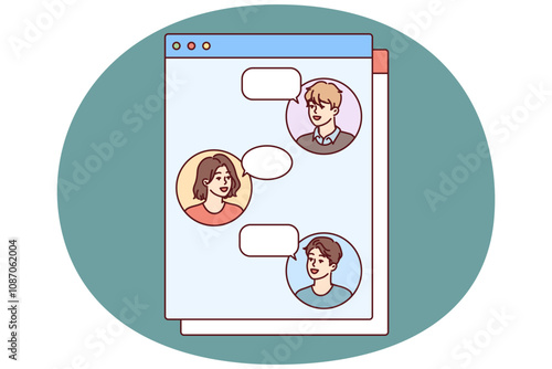 Colleagues communicate in chatbox by exchanging messages or upcoming work tasks in Internet application for phone. Concept task manager or messengers for men and women working in modern IT startup