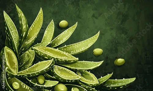 aloe vera slices and olive in a dark olive green background ,generative ai