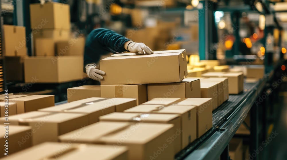 Warehouse Worker Packing Cardboard Boxes on a Conveyor Belt Warehouse Worker Packing Cardboard Boxes on a Conveyor Belt