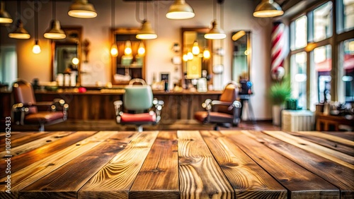 Panoramic Blurred Barber Shop Background with Spot on Wooden Table for Product Ads and Marketing Campaigns