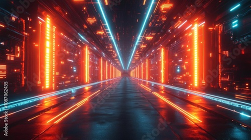 Symmetrical neon grid with radiant green and orange lights, intricate 3D depth, seamless futuristic design, fronton view, ultraHD, dramatic shadows