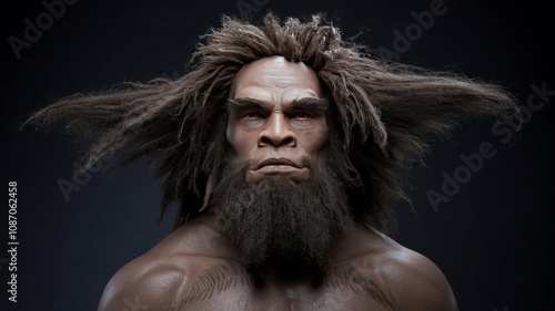 A half-body portrait of an early Neanderthal, approximately 160,000 years ago.
