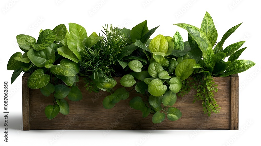 Ornate wooden planter box overflowing with verdant trailing vines and lush leafy houseplants set against a clean bright white backdrop with natural and earthy textures Ornate wooden planter box overflowing with verdant trailing vines and lush leafy houseplants set against a clean bright white backdrop with natural and earthy textures