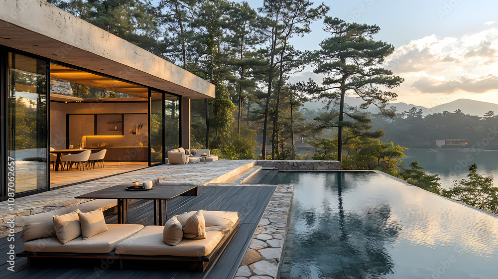 Obraz premium Editorial photography of a modern outdoor dining table on a black wood terrace overlooking a varas lake and pine trees.