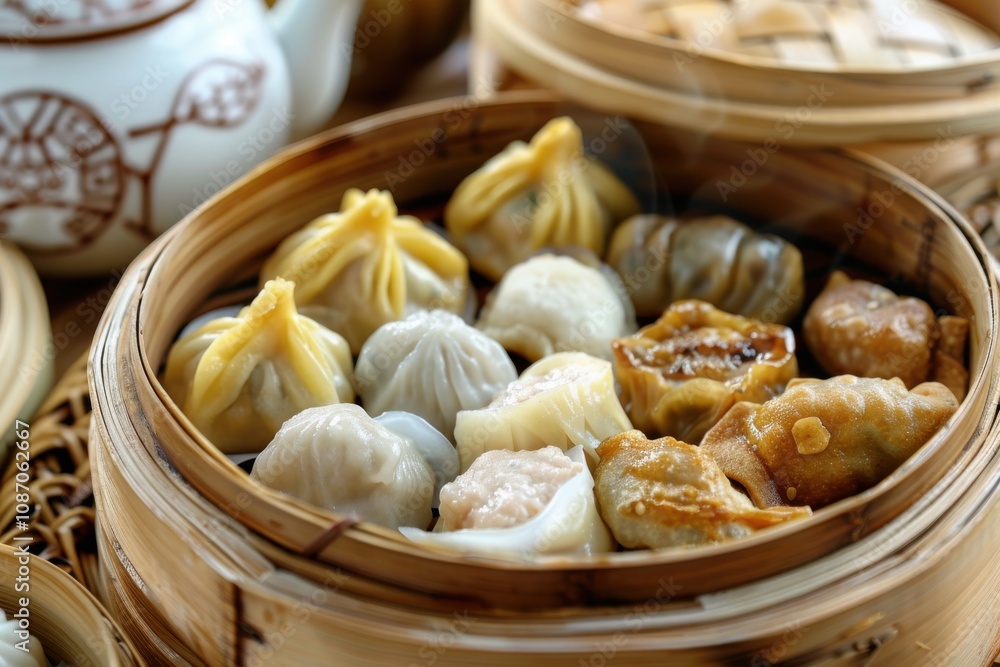 Steamed Dumplings Served Hot in Bamboo Steamer with Teapot Steamed Dumplings Served Hot in Bamboo Steamer with Teapot