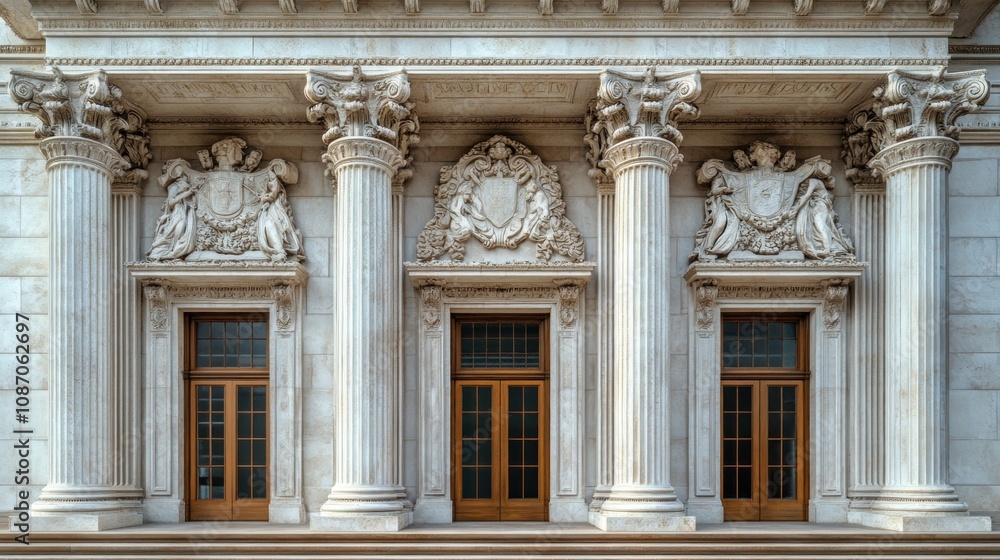 Obraz premium Ornate architectural facade featuring columns and decorative elements.