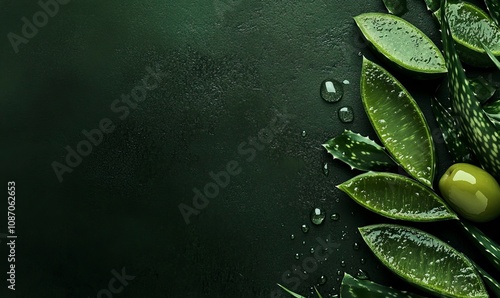 aloe vera slices and olive in a dark olive green background ,generative ai