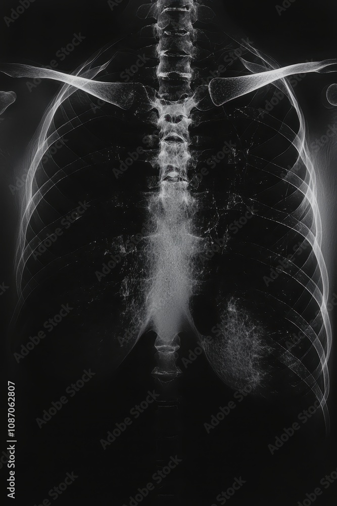 Detailed Chest X-Ray Image Illustrating Human Anatomy Featuring Lungs, Ribs, Clavicles, and Spinal Column in High-Resolution Black and White Contrast Detailed Chest X-Ray Image Illustrating Human Anatomy Featuring Lungs, Ribs, Clavicles, and Spinal Column in High-Resolution Black and White Contrast
