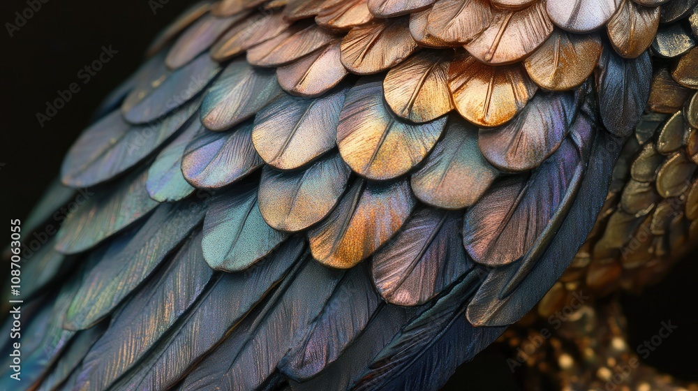 Obraz premium Close-up of iridescent metallic bird feathers, showing intricate detail and texture.