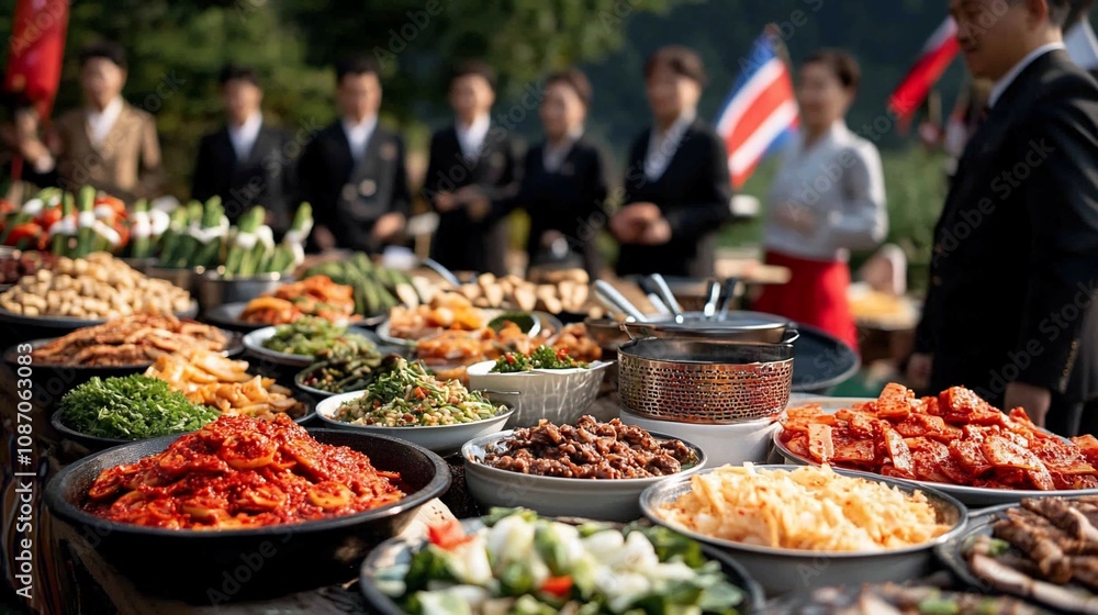 Obraz premium A feast of Korean traditional food with people in the background.