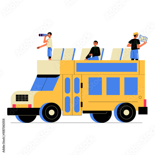Tourist Bus With People On Roof Observing Landmarks, Holding Cameras And Maps, In Flat Vector Illustration Symbolizing Travel, Tourism, And Exploration, Isolated On White Background.