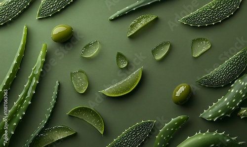 aloe vera slices and olive in a dark olive green background ,generative ai