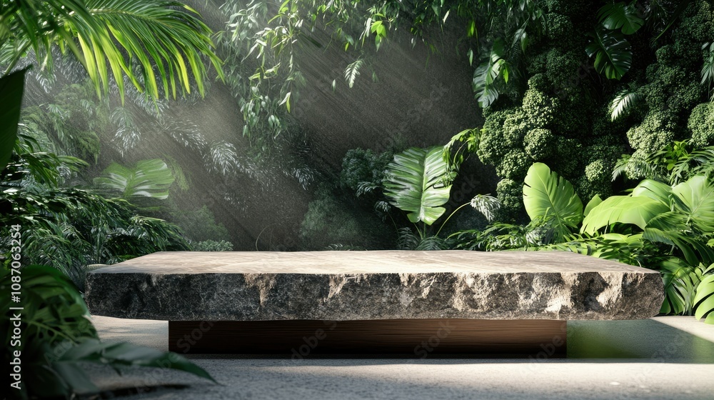Stone platform in lush jungle setting with sunlight beams. Stone platform in lush jungle setting with sunlight beams.