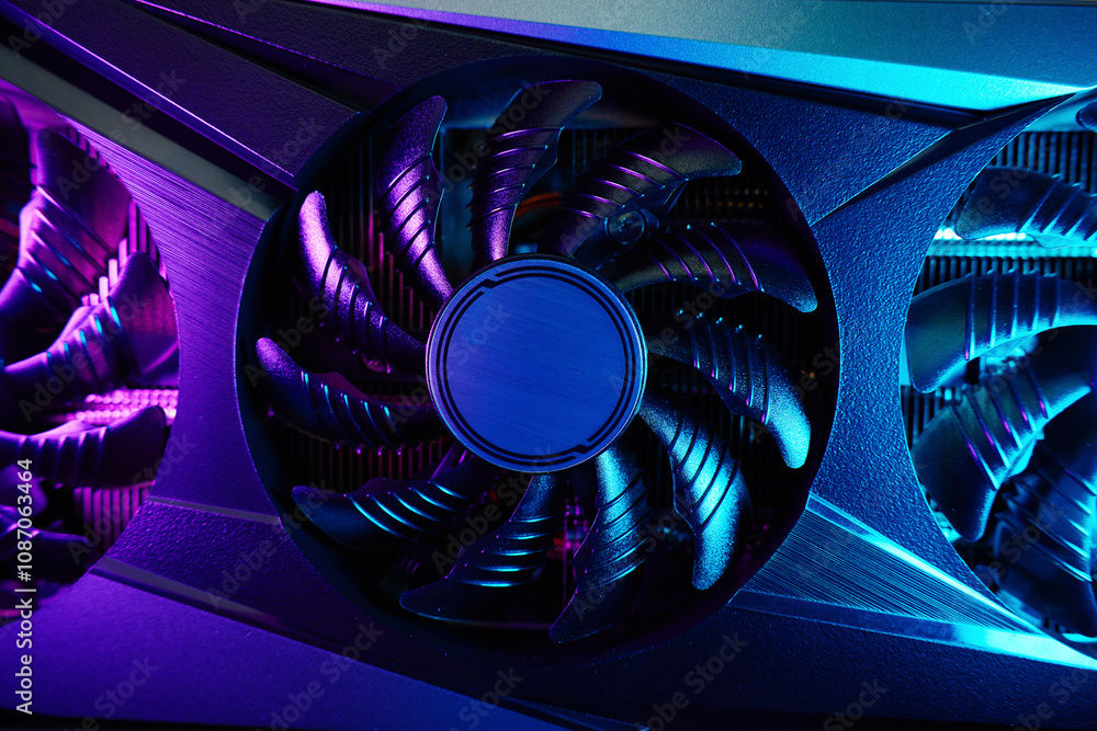 Close-up of high-performance graphics card with cooling fans illuminated by neon lighting. Modern video card for gaming and advanced computing