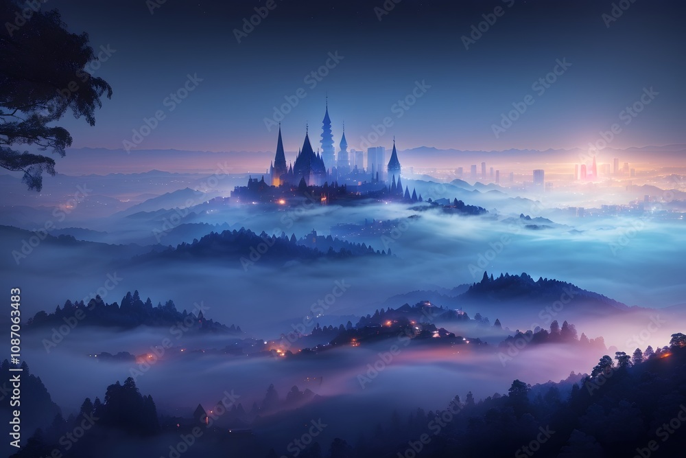 Naklejka premium A serene landscape with soft fog enveloping a city, creating a mystical twilight scene filled with glowing lights.