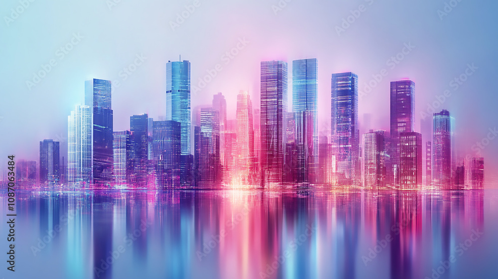 Fototapeta premium Sunset or sunrise Modern city skyscrapers panorama of tall buildings, urban background. Pop art retro vector illustration comic style vintage A city skyline at sunset with a neon glow. The city is li