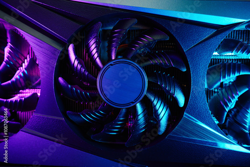 Obraz na płótnie Close-up of high-performance graphics card with cooling fans illuminated by neon lighting. Modern video card for gaming and advanced computing w salonie