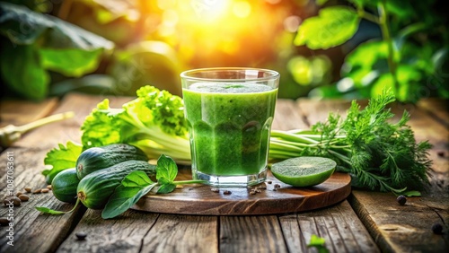 Refreshing Cold Glass of Green Juice with Morning Dew in Sunlight - Healthy Lifestyle, Organic Drink, Juicing, Wellness, Nutrition, Fresh Ingredients, Vibrant Colors, Summertime Refreshment