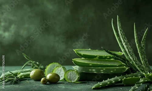 aloe vera slices and olive in a dark olive green background ,generative ai