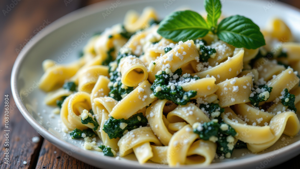 Mafaldine pasta with pesto and pine nuts on a rustic wooden table. Mafaldine pasta with pesto and pine nuts on a rustic wooden table.