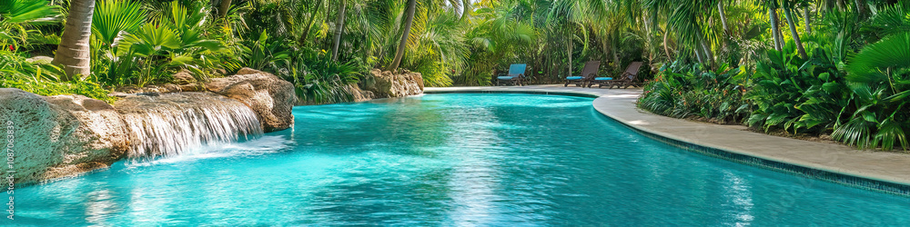 Obraz premium Tropical Oasis: Lush palm trees swaying in the breeze, framing a pristine turquoise pool with a sloped entry perfect for lounging.