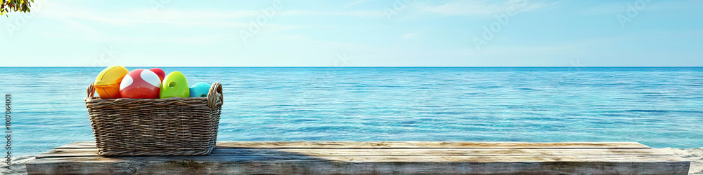 Obraz premium A rustic wooden bench overlooking the ocean horizon, a wicker basket of colorful beach toys at its feet.