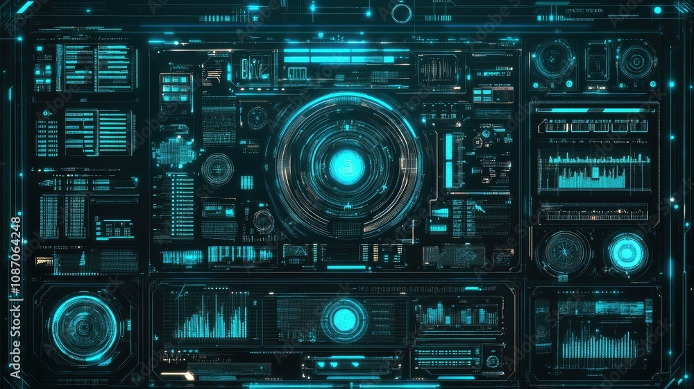 Futuristic HUD interface with glowing blue digital elements, data graphs, and central control panel. Futuristic HUD interface with glowing blue digital elements, data graphs, and central control panel.