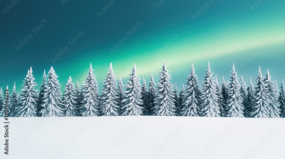 Obraz premium Majestic snow covered trees under vibrant aurora borealis sky create serene winter landscape. glowing colors enhance tranquil atmosphere of this snowy scene