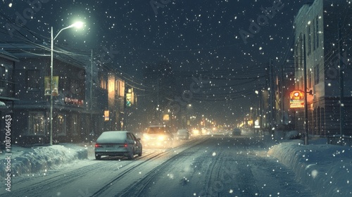 Brightly lit Arctic city streets with snow falling gently