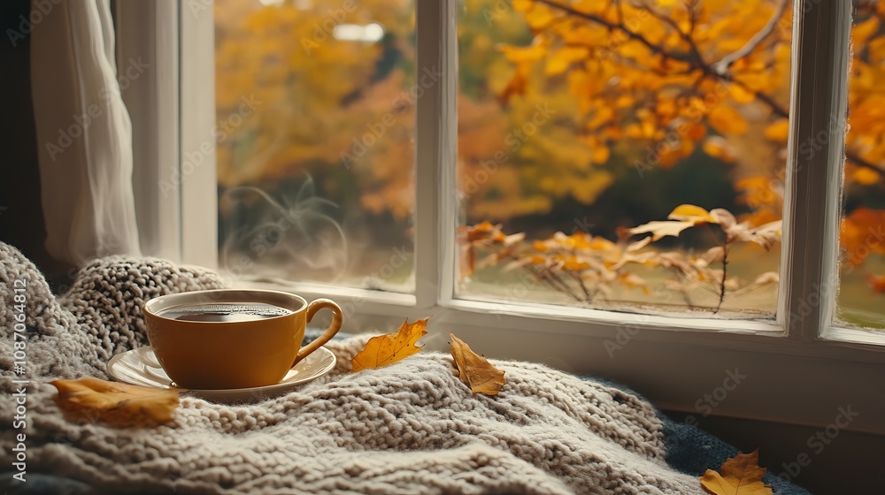 Cozy Autumn Morning with a Cup of Tea and Colorful Leaves Cozy Autumn Morning with a Cup of Tea and Colorful Leaves